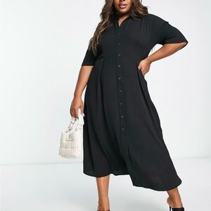 ASOS DESIGN NWT Curve Button Through Waist Midi Shirt Dress Black Size 12
